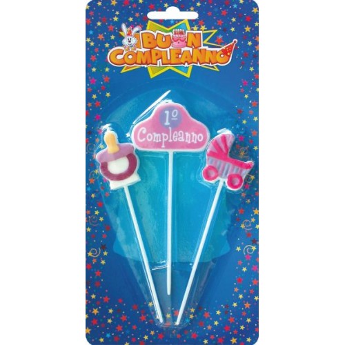 Candeline per torta 1° compleanno rosa biberon