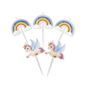 Candeline per torta picks "Unicorno / Arcobaleno" Cm. 8