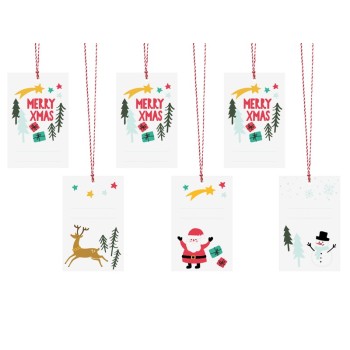 Set 6 etichette segnapacco "Merry Xmas" con cordoncino Cm. 8,5x6,5
