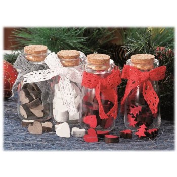 Bottiglietta vetro Cm. 10x5 con 20 decorazione natalizie in legno - Soggetti assortiti