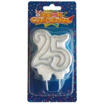 Candelina per torta numero 25 argento Cm. 12