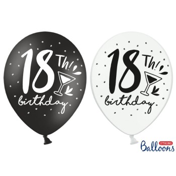 Palloncino lattice cm. 30 strong "18th Birthday!" bianco e nero - Blister 50 pezzi