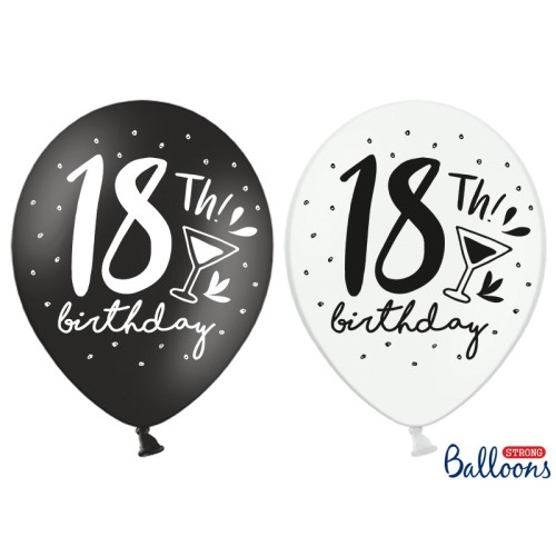 Palloncino lattice cm. 30 strong "18th Birthday!" bianco e nero - Blister 50 pezzi
