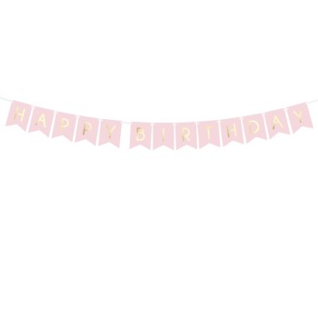 Festone bandierine rosa stampa oro Happy Birthday Cm. 175x15