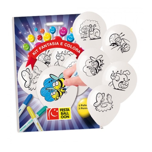 Blister 5 palloncini bianchi da colorare con pennarelli - Girl