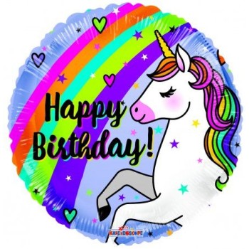 Palloncino mylar rotondo 18" Cm. 45 - Happy Birthday Unicorno Arcobaleno