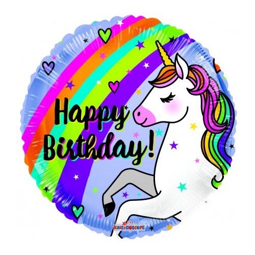 Palloncino mylar rotondo 18" Cm. 45 - Happy Birthday Unicorno Arcobaleno