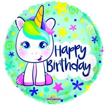 Palloncino mylar rotondo 18" Cm. 45 - Happy Birthday unicorno