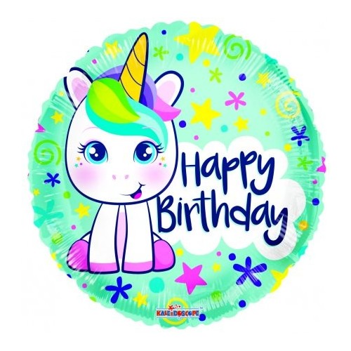 Palloncino mylar rotondo 18" Cm. 45 - Happy Birthday unicorno