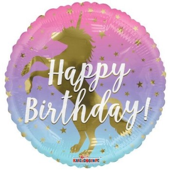 Palloncino mylar rotondo 18" Cm. 45 - Happy Birthday Unicorno Gold