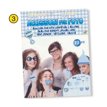 Selfie stick - Photo Booth - Accessori per foto - Blister 12 pezzi - Nascita / Battesimo / Baby Shower - Boy