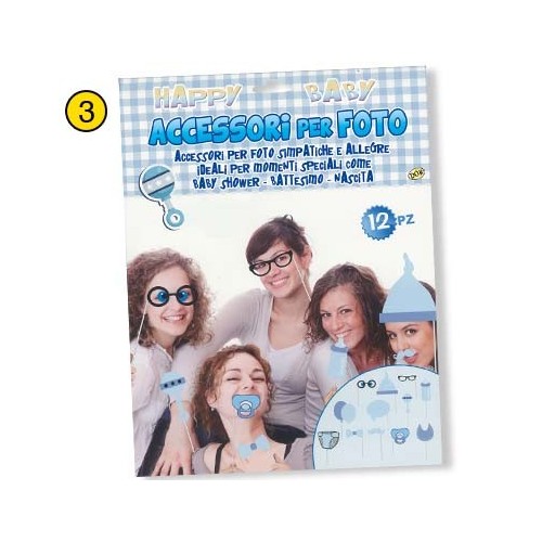 Selfie stick - Photo Booth - Accessori per foto - Blister 12 pezzi - Nascita / Battesimo / Baby Shower - Boy
