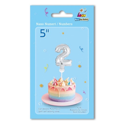 Palloncino Nano Numero con bastoncino 5" - Silver - Nr. 2