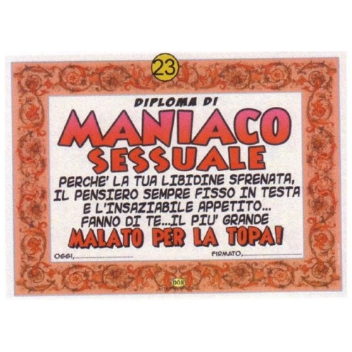 Biglietto auguri diploma con busta Cm. 23x30 - Maniaco Sessuale