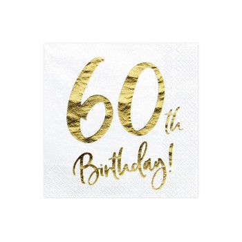 Tovaglioli carta Cm. 33x33 - Stampa metal oro - 60th Birthday - Blister 20 pezzi