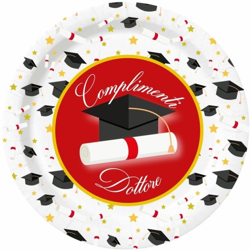 Piatti carta Cm. 18 Laurea - Complimenti Dottore - Blister 8 pezzi