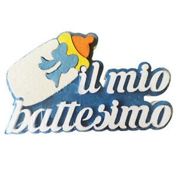 Scritta polistirolo "Il mio Battesimo" con biberon celeste Cm. 24x39x4