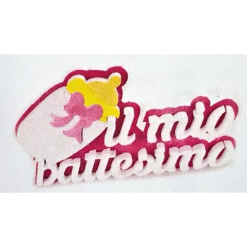 Scritta polistirolo "Il mio Battesimo" con biberon rosa Cm. 24x39x4