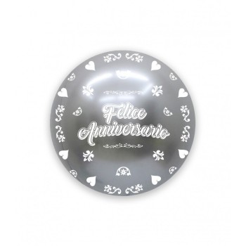 Palloncino Deco Chrome B-Loon 24" Argento stampa bianca - Felice Anniversario