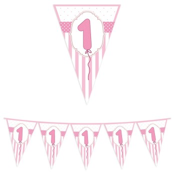 Festone bandierine pvc Mt. 6 - Primo compleanno rosa