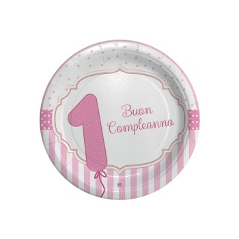 Piatti carta Cm. 18 - Buon Primo Compleanno rosa - Confezione 8 pezzi