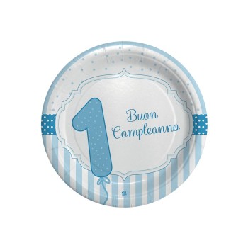 Piatti carta Cm. 18 - Buon Primo Compleanno celeste - Confezione 8 pezzi