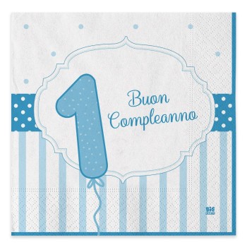 Tovaglioli carta Cm. 33x33 - Buon Primo Compleanno celeste - Confezione 20 pezzi