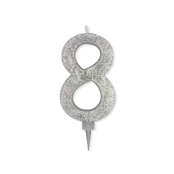 Candelina per torta glitterata maxi Argento Cm. 15 - N. 8