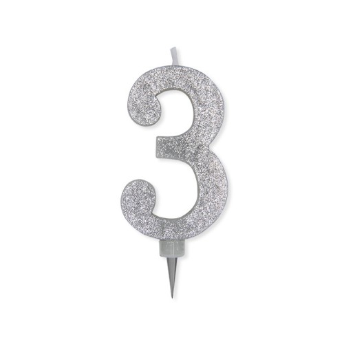 Candelina per torta glitterata maxi Argento Cm. 15 - N. 3
