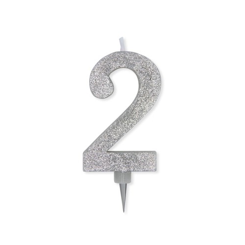 Candelina per torta glitterata maxi Argento Cm. 15 - N. 2