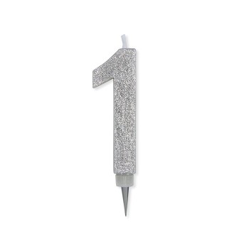 Candelina per torta glitterata maxi Argento Cm. 15 - N. 1