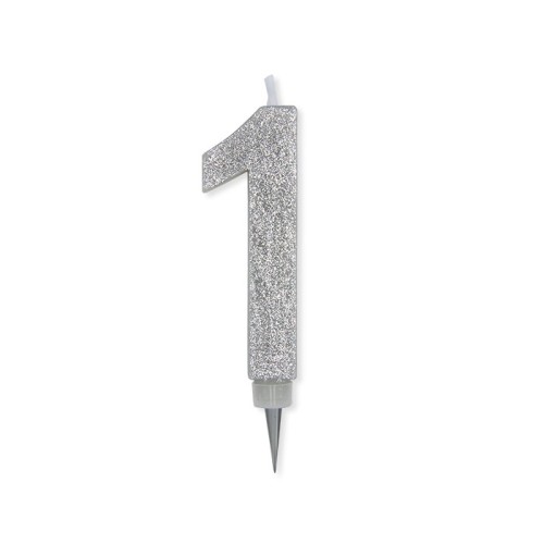 Candelina per torta glitterata maxi Argento Cm. 15 - N. 1
