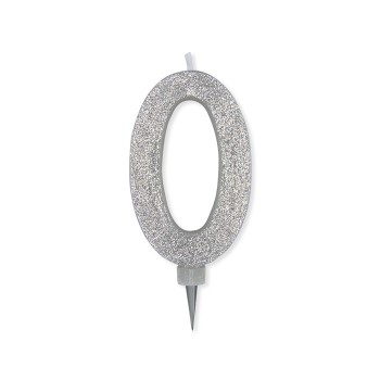 Candelina per torta glitterata maxi Argento Cm. 15 - N. 0