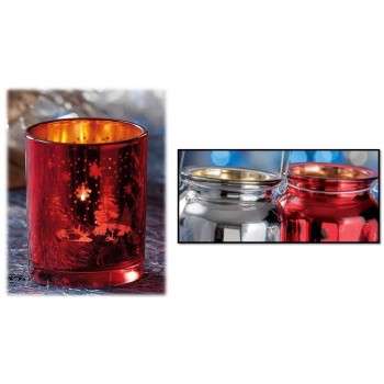 Porta tealight in vetro decorato natalizio Cm. 7,5x6,5 - Colori assortiti