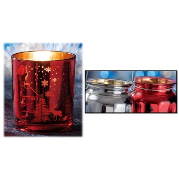 Porta tealight in vetro decorato natalizio Cm. 10x9 - Colori assortiti