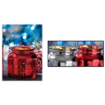 Porta tealight in vetro decorato natalizio con maniglia Cm. 11x10,5 - Colori assortiti