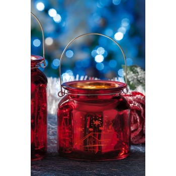 Porta tealight in vetro decorato natalizio con maniglia Cm. 11x10,5 - Colori assortiti 2