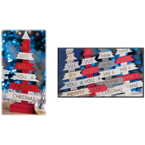 Albero di Natale in legno con scritta Cm. 30x16 - Colori assortiti
