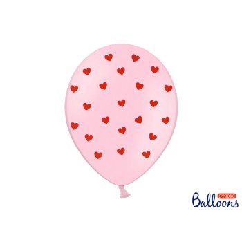 Palloncini lattice Cm. 30 Rosa pastello con cuori rossi - Blister 50 pezzi