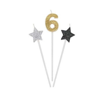 Candeline per torta picks Prestige Cm. 16 - 2 stelle e numero - Nr. 6