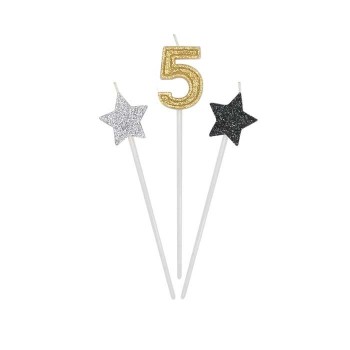 Candeline per torta picks Prestige Cm. 16 - 2 stelle e numero - Nr. 5