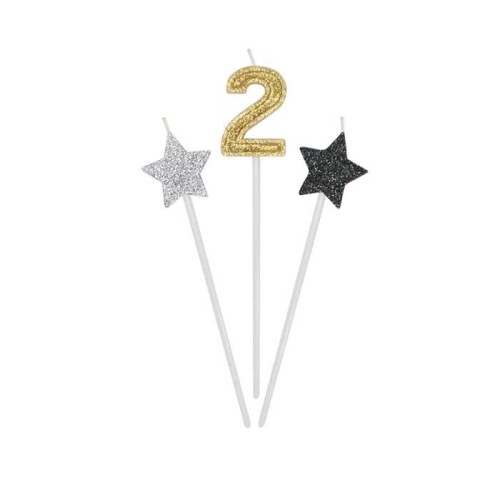 Candeline per torta picks Prestige Cm. 16 - 2 stelle e numero - Nr. 2