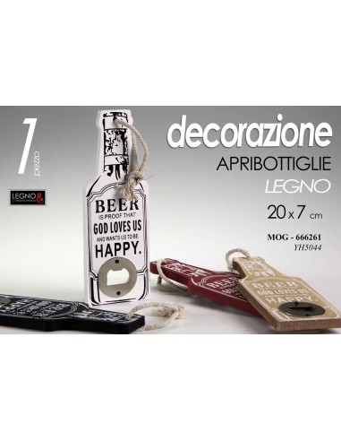 Apribottiglie in legno appendibile Cm. 20x7 - Colori assortiti