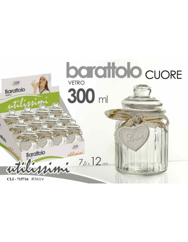 Barattolino vetro 300 ML. con cuore Cm. 7,5x12
