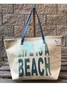 Borsa mare "Life is a beach" stampa metal Cm. 54x36x18 - Turchese