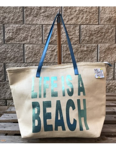 Borsa mare "Life is a beach" stampa metal Cm. 54x36x18 - Turchese