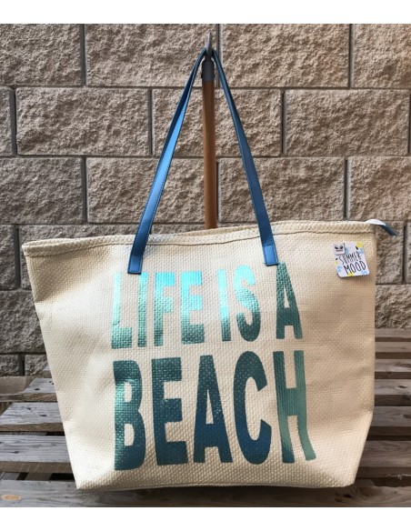 Borsa mare "Life is a beach" stampa metal Cm. 54x36x18 - Turchese