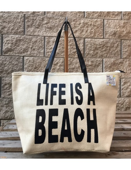Borsa mare "Life is a beach" stampa metal Cm. 54x36x18 - Nero