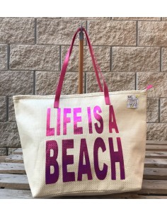 Borsa mare "Life is a beach" stampa metal Cm. 54x36x18 - Fuxia