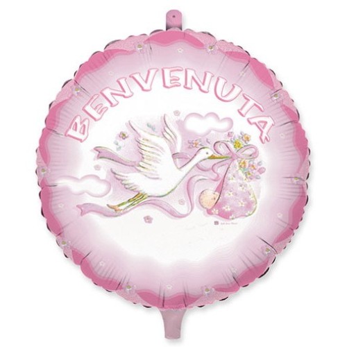 Palloncino mylar 18" Cm. 45 - Benvenuta - Cicogna rosa